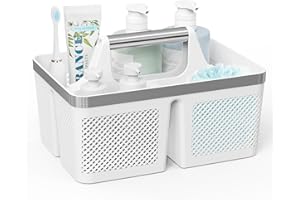 BYUNER Shower Caddy Dorm Plastic: Portable Bathroom Caddy Organizer with Handle and Holes, Cleaning Basket, Hard Shower Basket Storage Tote for Toiletry, College Dorm Room Essentials White/Silver