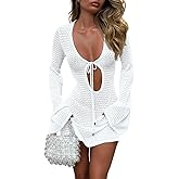 Saodimallsu Womens Crochet Swimsuit Cover Up Long Bell Sleeve V Neck Tie Mesh Knit Summer Beach Dress Vacation Outfits