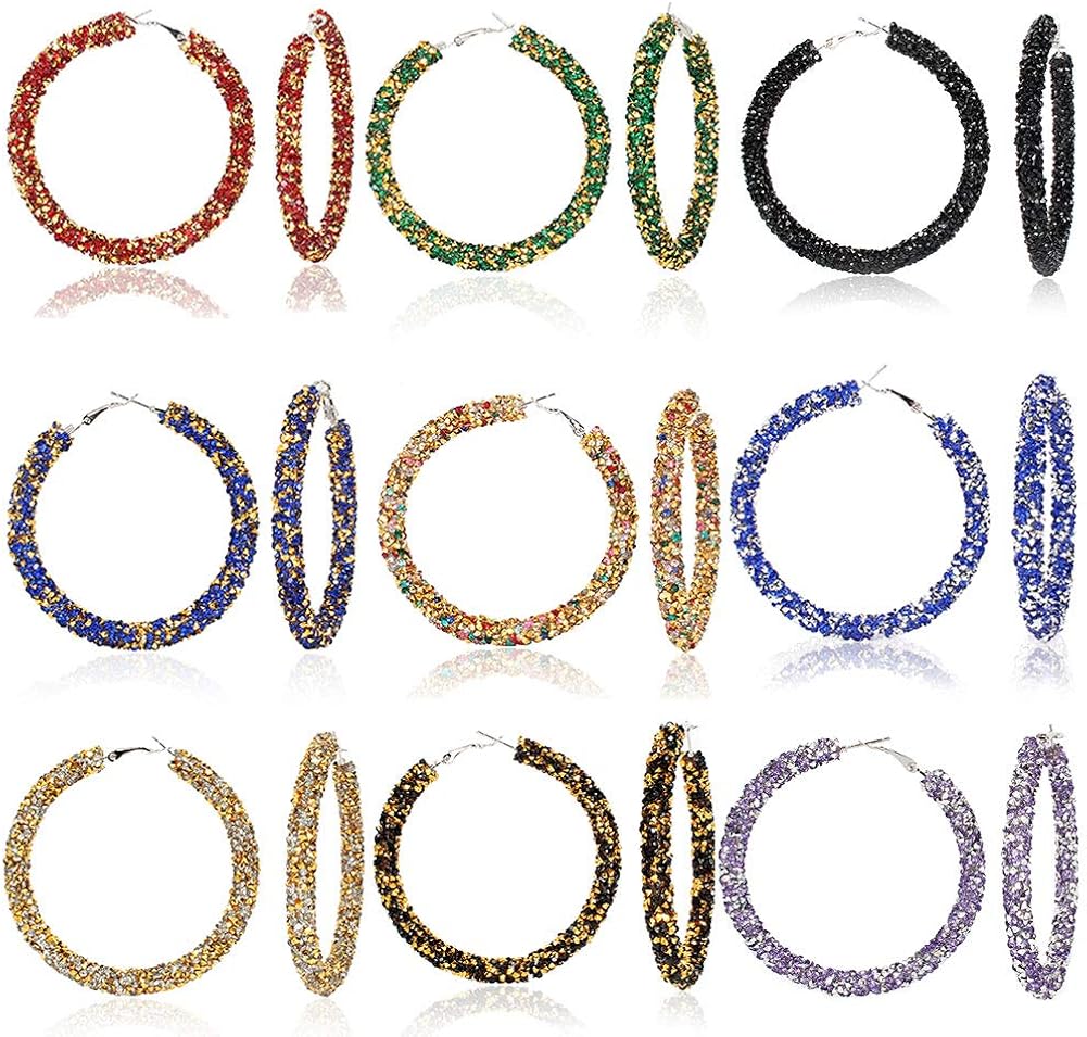9Pairs Glitter Hoop Earrings Set Bohemian Sparkle Resin