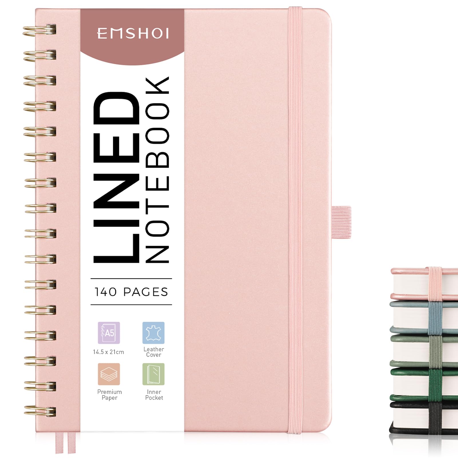 EMSHOI A5 Notebook College Ruled, Spiral Notepad, 100gsm, HardCover Leather, Sticky Notes, Pocket, Pen Loop, Ruler, Bookmark, 140 Pages Lined Journal for Women Men Writing, 14.5 x 21cm, Rose Gold
