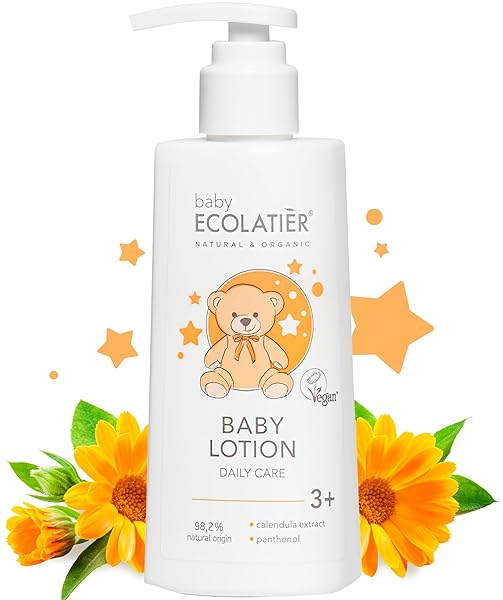 KIDS LOTION DAILY CARE 3+ WITH CALENDULA & PANTHENOL – GENTLE BABY MOISTURIZER FOR SENSITIVE SKIN, SOOTHING & HYDRATING, VEGAN, HYPOALLERGENIC, 8.5 FL OZ – ECOLATIER