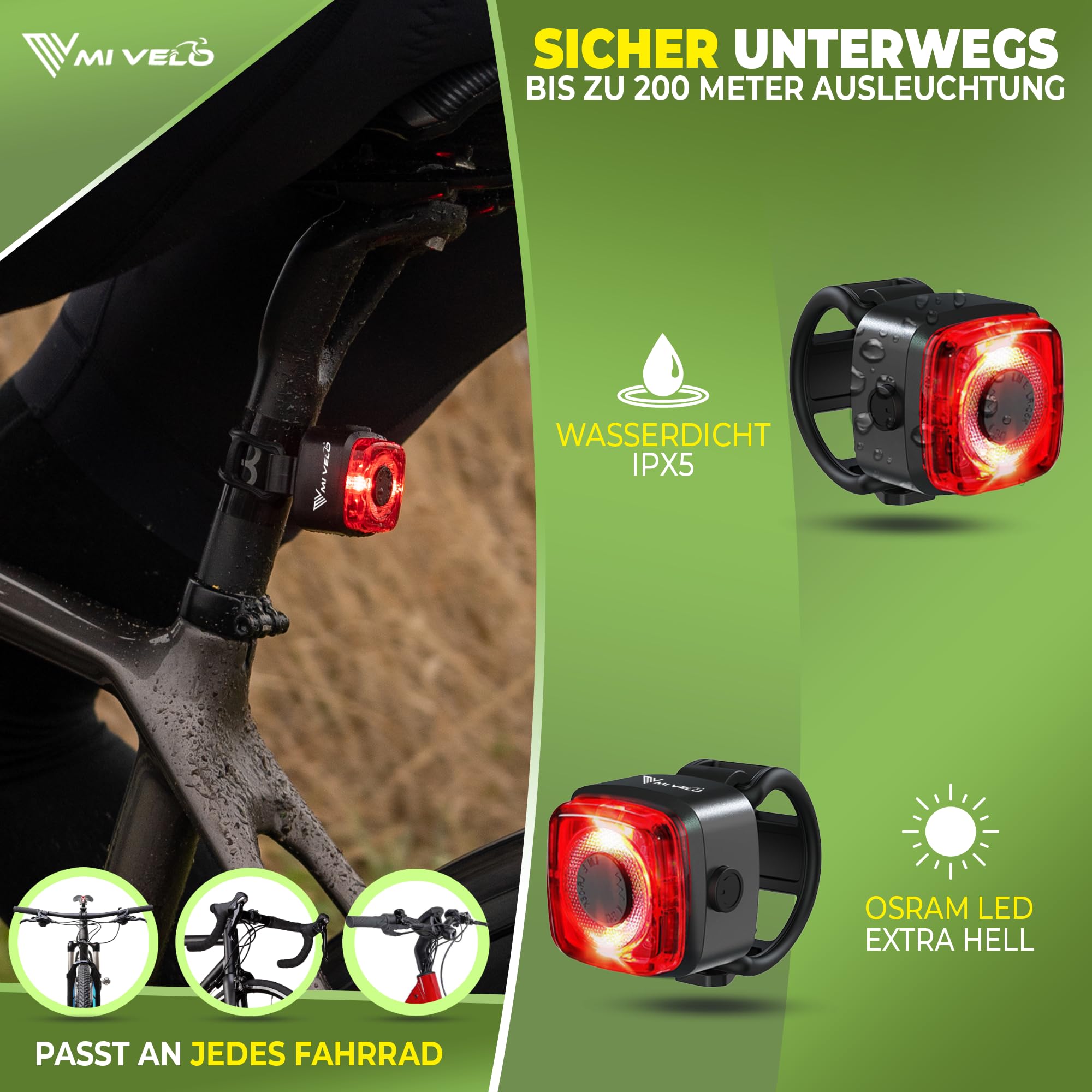 MIVELO Cube ONE Fahrradlicht Set StVZO zugelassen Fahrradbeleuchtung USB-aufladbar & 100% wasserdicht LED Fahrrad Licht vorne & hinten Rücklicht, Fahrradlampe 4