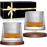 BOLESTA Whiskey Glasses Set of 2, Rotatable Tumbler Crystal Glass Cups, Drinking Glasses with 2Pcs Creative Walnut Coasters and Gift Box - for Scotch,Bourbon,Cocktails