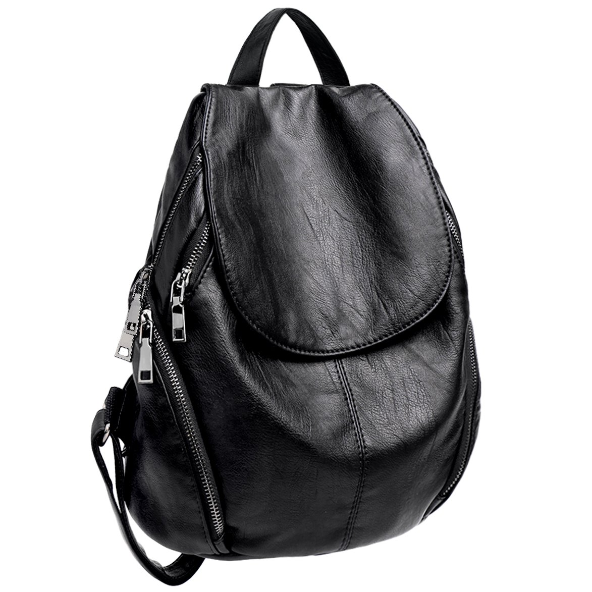 UTO Women Backpack Flap Daypack Anti Theft Shoulder Bag Vegan Friendly Washed Leather, 231_black Oversize, Large