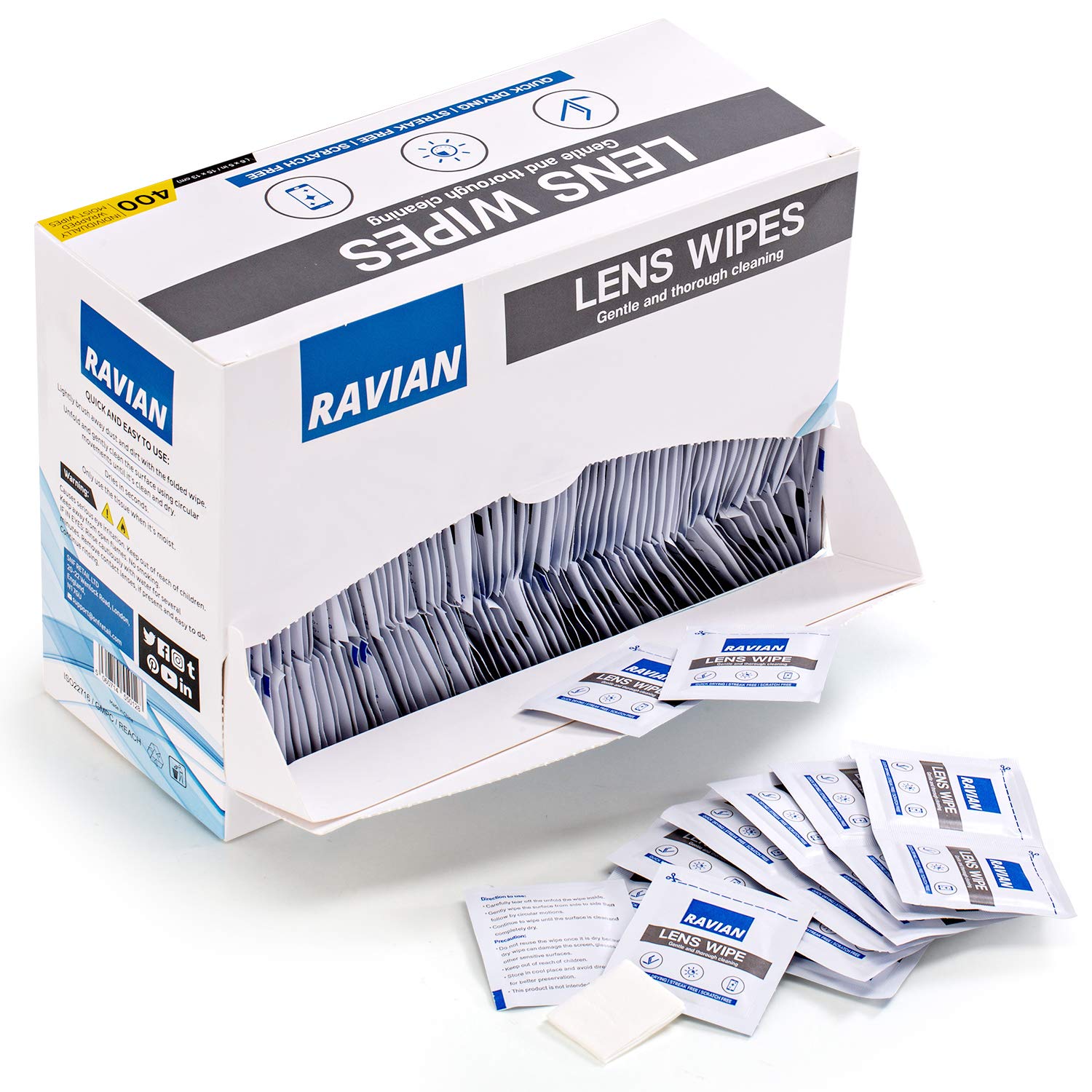 Glasses Cleaner Wipes 400 Individually Wrapped Antibacterial Lens Wipes Multipurpose Suitable for Spectacle Lenses, Cameras, Binoculars, Mirrors, Screens, Optical and Electronic Devices