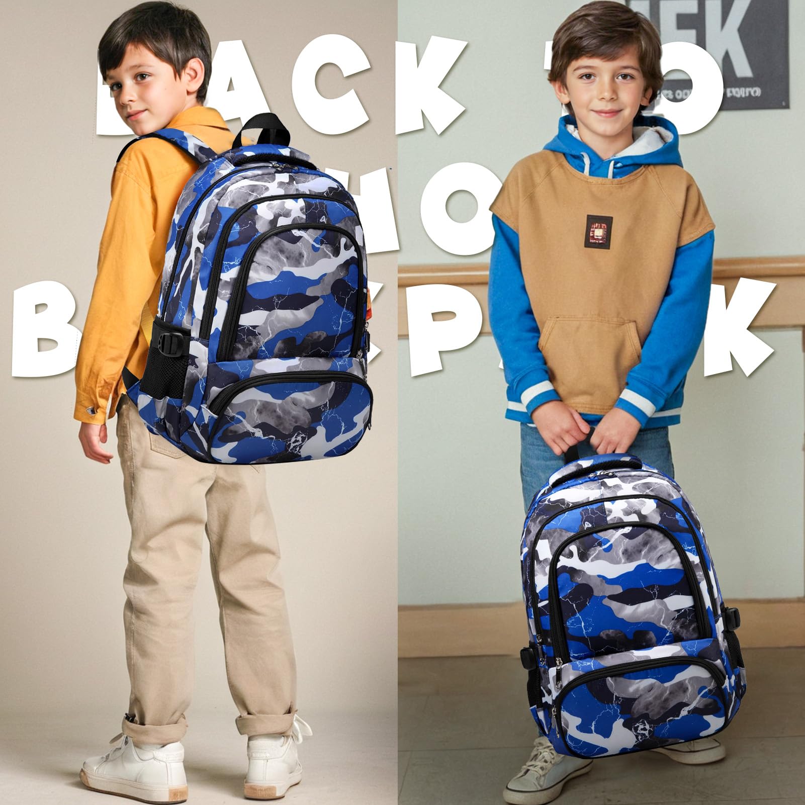 BLUEFAIRY Kids Backpack for Boys Elementary Book Bags Primary Middle School Bookbags for Childs Water Resistant Back to School Gifts Son Mochila Escolares para Niños Aged 8-10 17 Inch Camo Blue