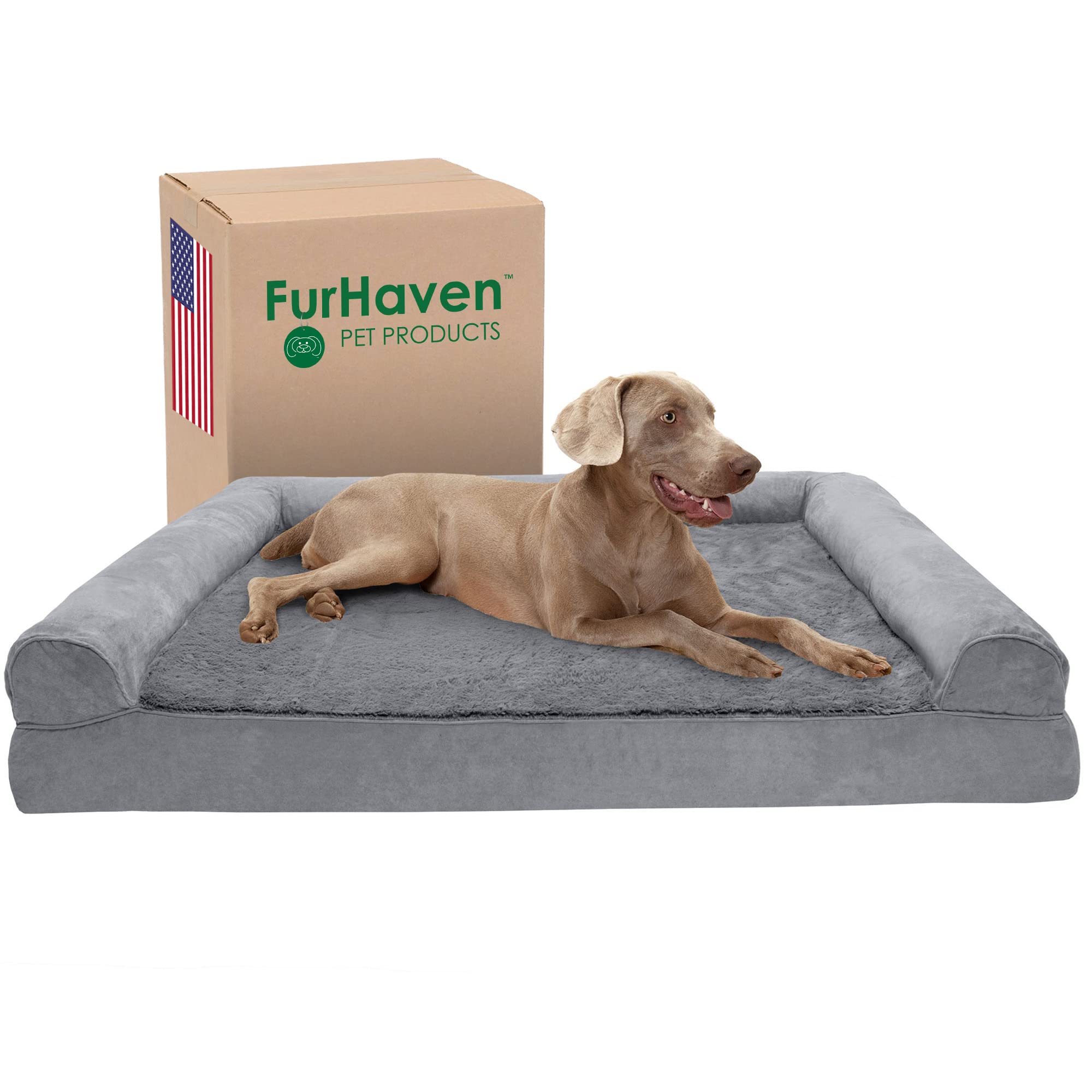 Furhaven Cooling Gel Dog Bed for Large Dogs w/ Removable Bolsters & Washable Cover, For Dogs Up to 125 lbs – Plush & Suede Sofa – Gray, Jumbo Plus/XXL