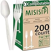 MISISIPI [7In 200Pcs] 100% Compostable Forks and Spoons Utensils Cutlery Silverware Heavyduty Eco-friendly Disposable Plastic free Forks and Spoons Utensils Cutlery Silverware for Party BBQ Lounge