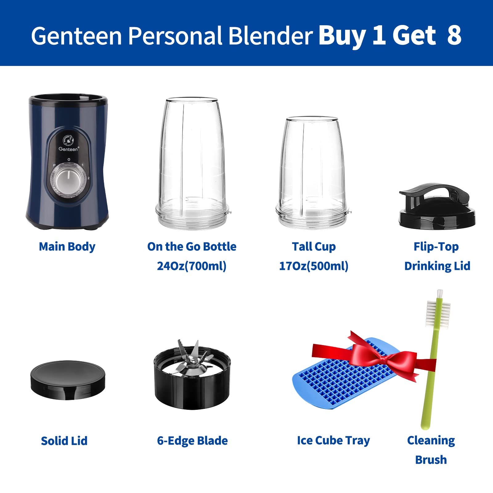 Genteen Smoothie Blender,650W Blender for Shakes and Smoothies with 3 Speeds,8-Piece Personal Blender and Smoothies Maker with 2 BPA-Free Portable Blender Cup (Blue)