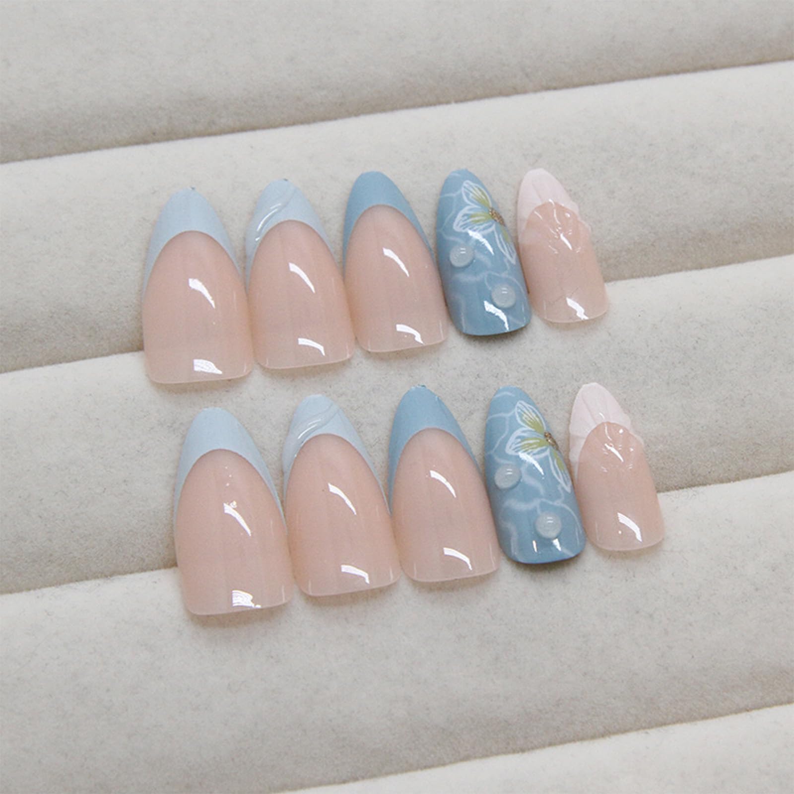Summer Beach Press on Nails 24 Pcs 3D Style Acrylic Fake Nails Medium Almond Glossy Blue French Tips False Nails Gel Glue on Nails Manicure Flower Curve Line Stick on Nails for Coquette Women Girls - Image 3
