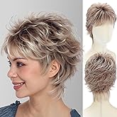 WIGYY Short Pixie Wig for White Women – Brown Rooted Honey Blonde Curly Wigs with Bangs, Glueless Heat‑Safe Synthetic Wigs for Older Ladies, Easy Daily Wear Wig for Small Heads