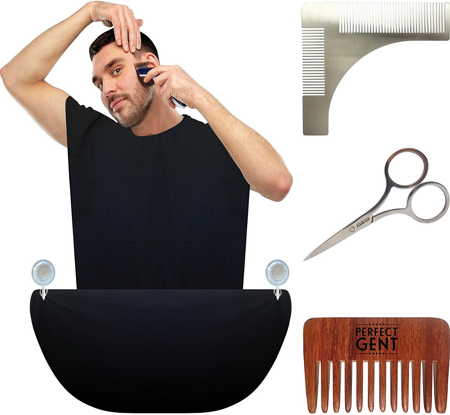 Perfect Gent Beard BIB & Styling KIT with Beard Bib, Shaping Tool, Trimming Scissors and Wooden Beard Comb The Ultimate Value Beard Grooming Kit for Men