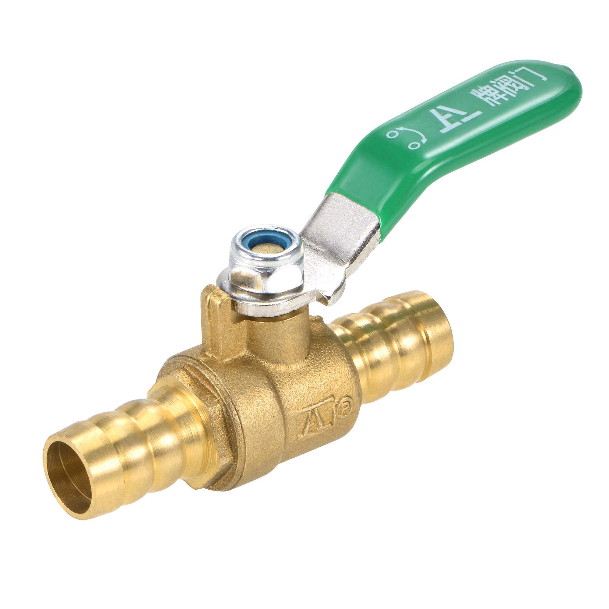 uxcell Ball Valve Shut-off Valve, 12mm Hose Barb to 12mm Hose Barb, Hose Pipe Tube Fittings, 180 Degree Operation Green Handle, Brass Valve, Pack of 1