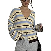 MakeMeChic Women's Striped Cardigan Sweater Button Down V Neck Long Sleeve Outerwear
