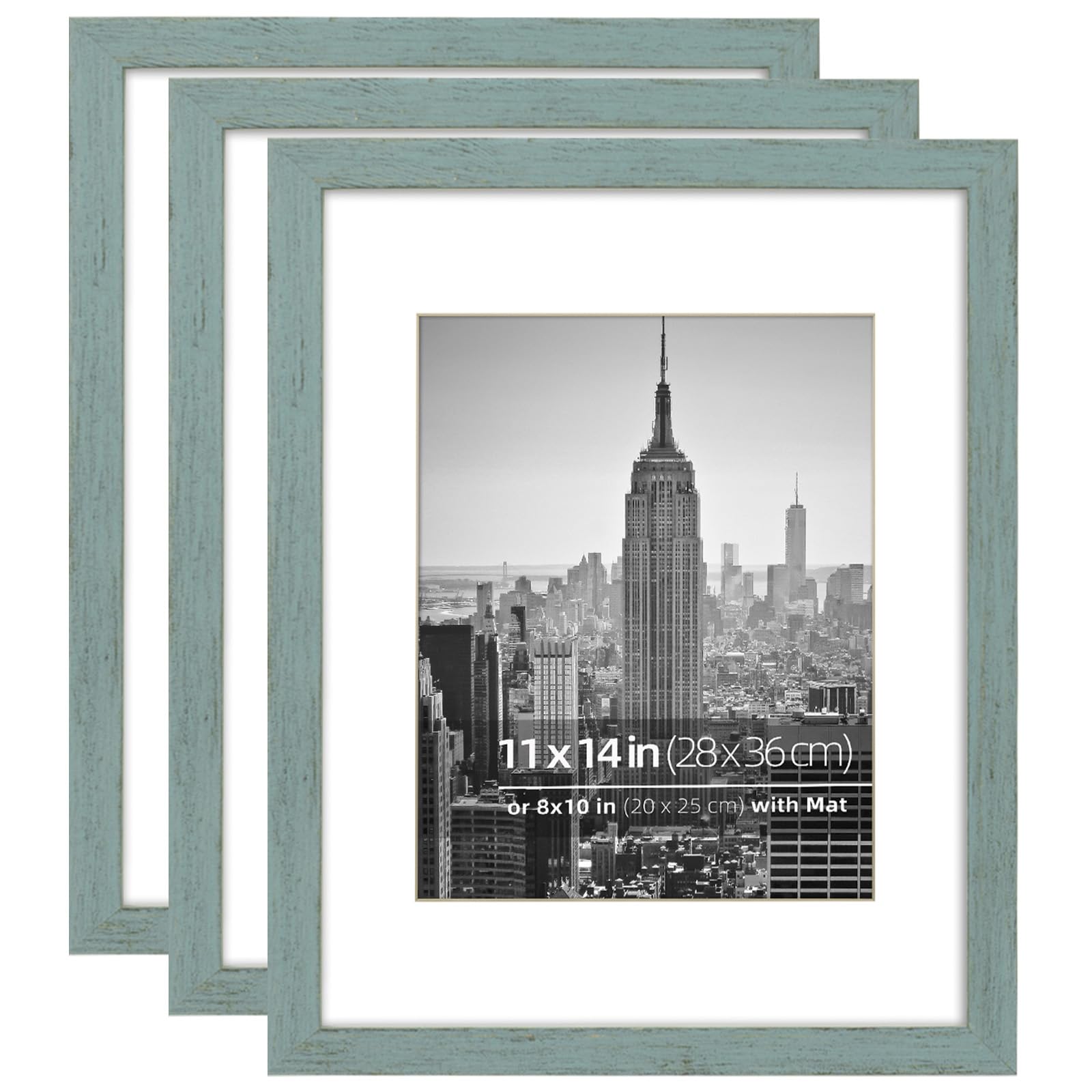 Eitida 11x14 Inch (28x36 cm) Matted 8x10 (20x25 cm) Modern Gallery Picture Frame Collage Set, Rustic Teal Blue Textured Wood Grain Profile,3 Pack