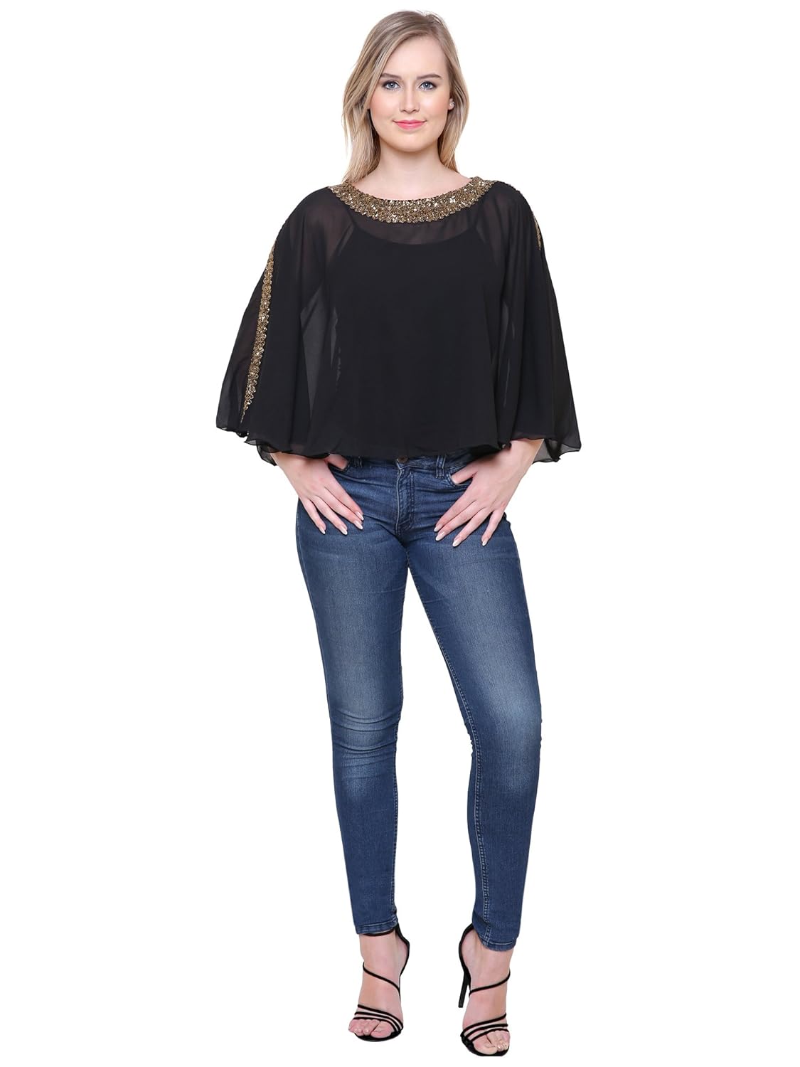 matelco women's georgette stylish poncho top with beads embroidery (ad006wh013_white)