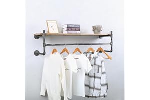 JIANZHUO Industrial Pipe Clothing Rack Wall Mounted with Real Wood Shelf,Rustic Retail Garment Rack Display Rack Cloths Rack,Pipe Shelving Floating Shelves Wall Shelf,48in Commercial Clothes Racks