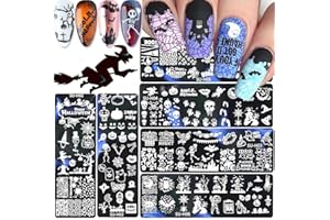 QDSUH Halloween Nail Art Stamping Plates, 6 PCS Halloween Nail Stamper Kit Horror Ghost Skull Pumpkin Spider Witch Nail Art Stencils Plates Halloween Holiday Party Manicure Template Design Tool