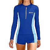 ADIFUN Girls Rash Guard Swimsuit Two Piece Set Colorblock Long Sleeve Bathing Suit UPF50+Sun Protection Swim Suits 7-16Y