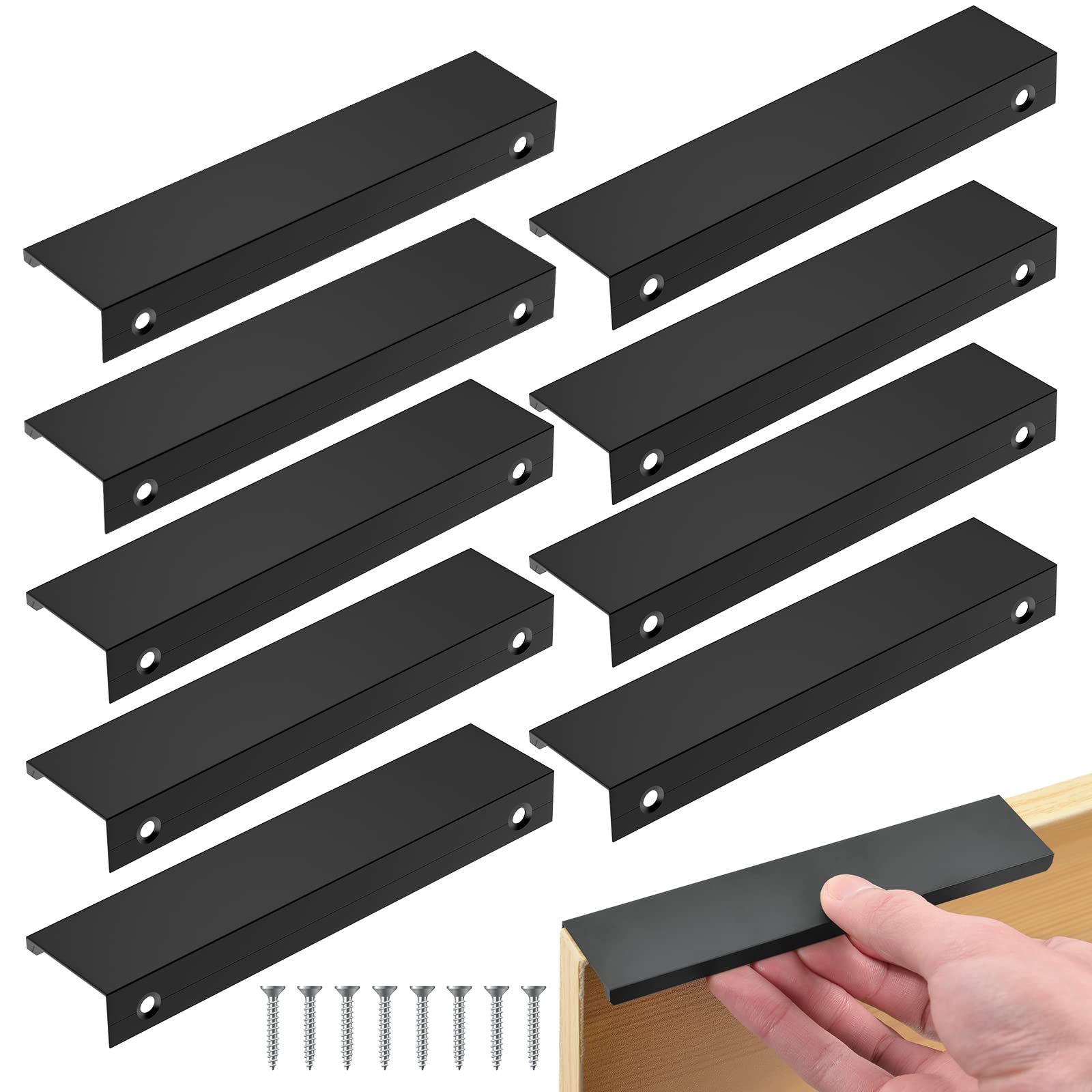 Flintronic Concealed Kitchen Door Handles, 10pcs 160mm Hole Center Hidden Drawer Pulls, 20CM Black Aluminum Alloy Cabinet Handles for Bathroom Living Room