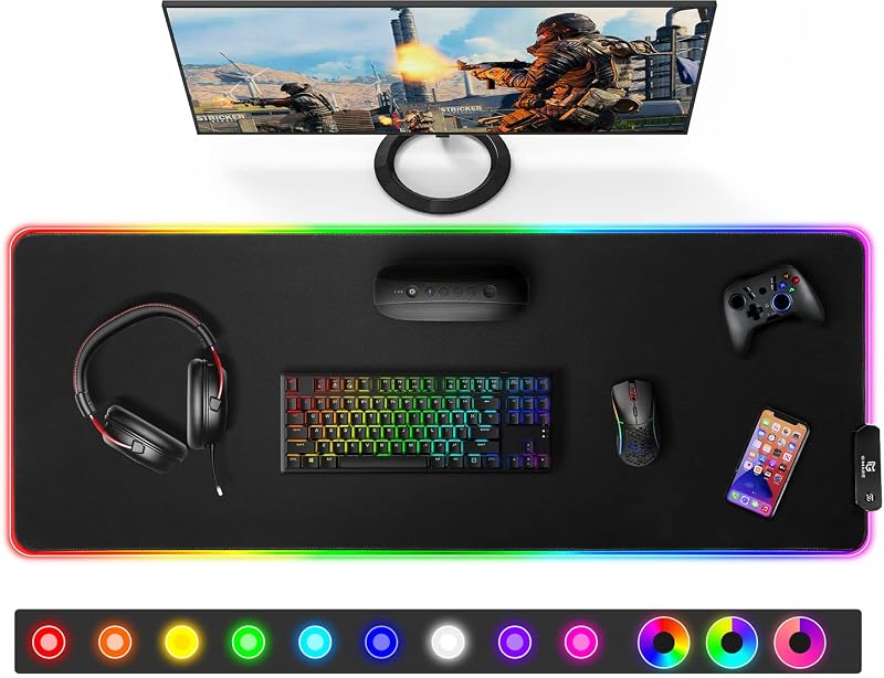 XXL Tapis de Souris RGB Gaming, Grand Tapis Souris avec 12 Modes d'Éclairage LED, Mouse Pad avec Tissu Micro-Tissé, Tapis Épaissi de 5 mm pour Gamer, Bureau,800 x 300mm