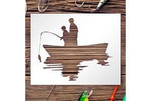 Father and Son Fishing in Boat Stencil Template Reusable 8.5 x 11 Inches for Painting on Walls, Wood, Glass, Scarpbooking, Arts and Crafts, DIY - LIONX