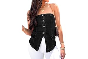 Cicy Bell Womens Strapless Denim Vest Summer Button Down Jean Tube Tops Y2k Going Out Fitted Bandeau Shirts Waistcoat