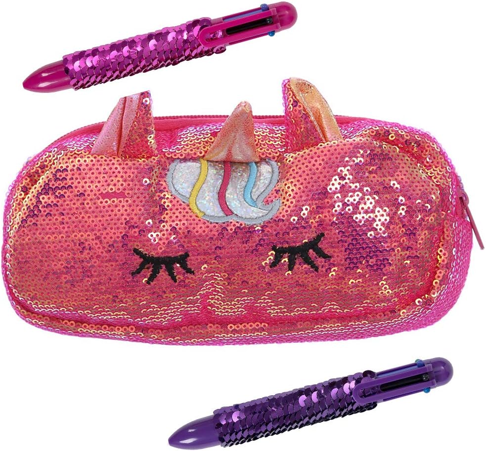 YOUKAI Cut Unicorn Sequin Pencil Case Bag Holder School Supplies for Girls and Boys (Red)