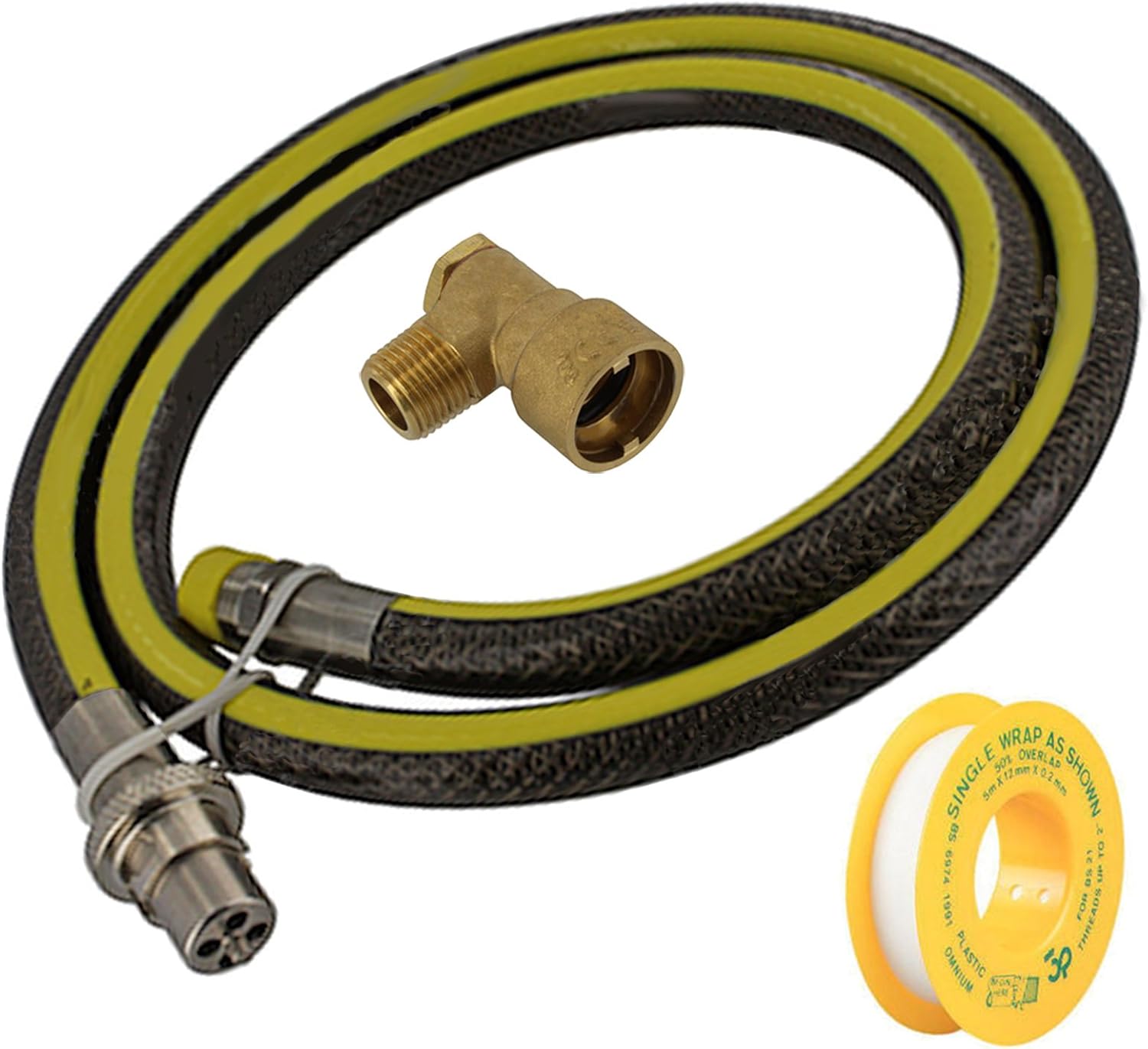 SPARES2GO Universal Oven Cooker Gas Supply Hose, PTFE Pipe Tape & Angled Connector (6ft 1/2 inch