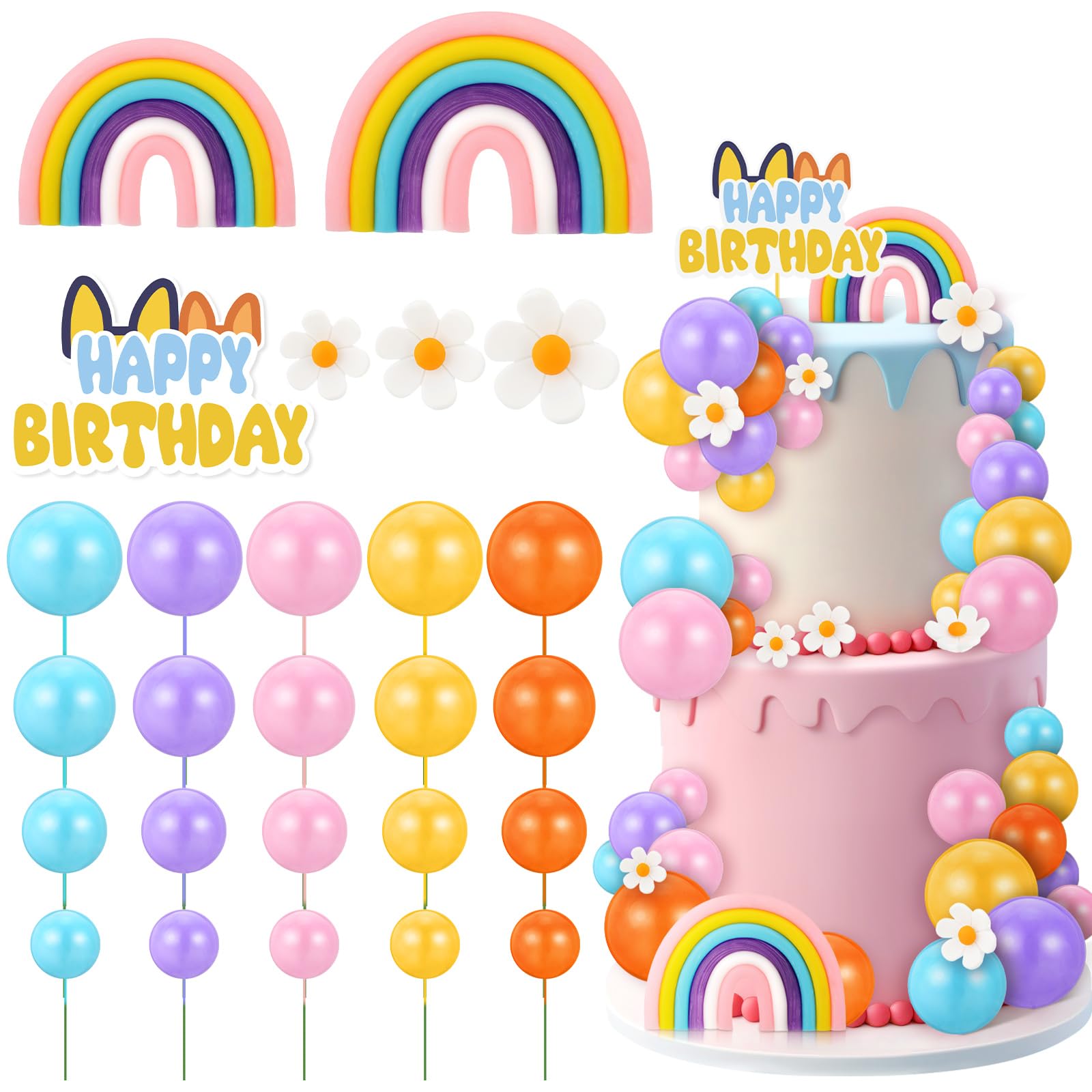 Photo 1 of 63 Pcs Cake Toppers with Balls Daisy Rainbow Cake Topper, Blue Cake Topper Pastel Cupcake Toppers Cake Decorations for Birthday Wedding Groovy Party Supplies