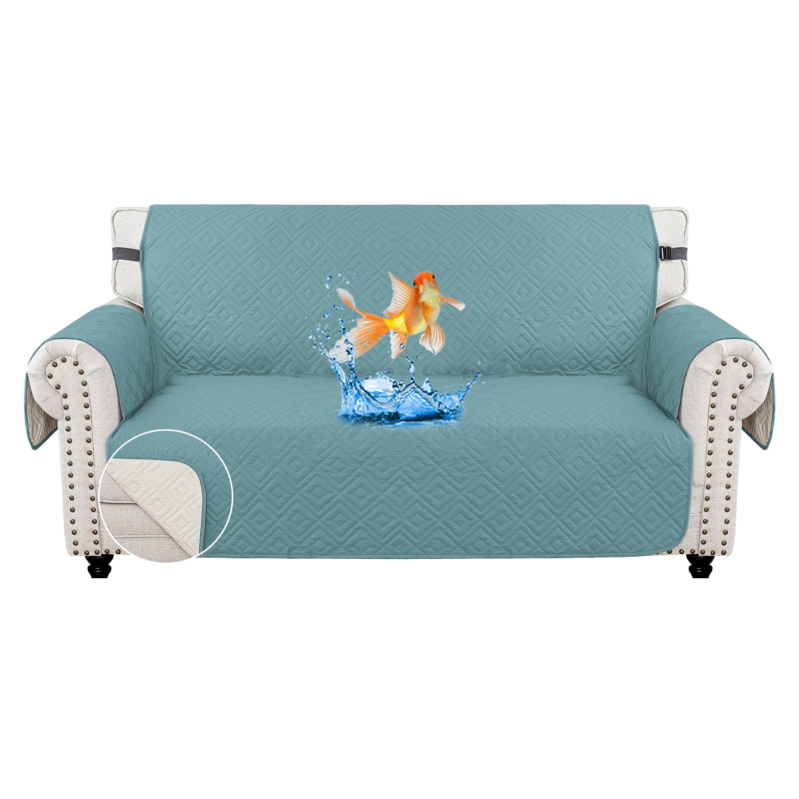 MAXIJIN Sofa Covers Waterproof Sofa Slipcovers Non-Slip 2 Seater Sofa Protectors with Elastic Straps Reversible Universal Couch Covers for Dogs, Pets, kids (Light Blue, 2 Seater)