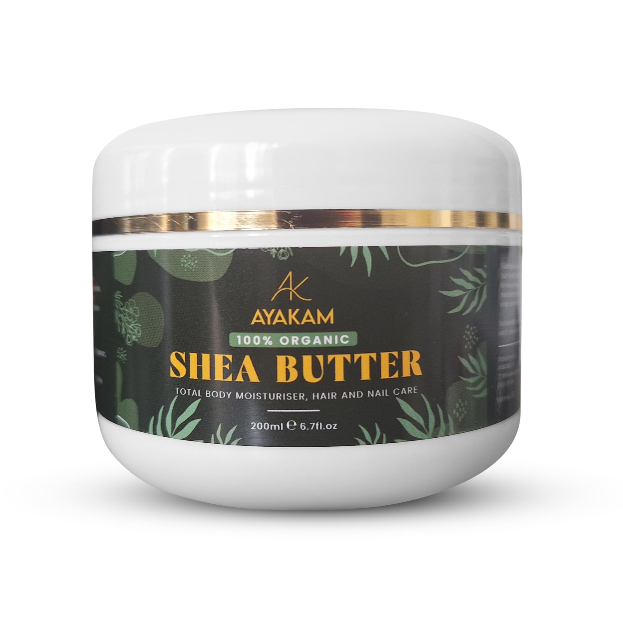 Ayakam 100% Vegan and Organic Shea Butter, 200ml. Full of anti-oxidants and vitamins, Ideal for all skin types to moisturise, soothe and repair. Responsibly sourced. 5p donated to charity.