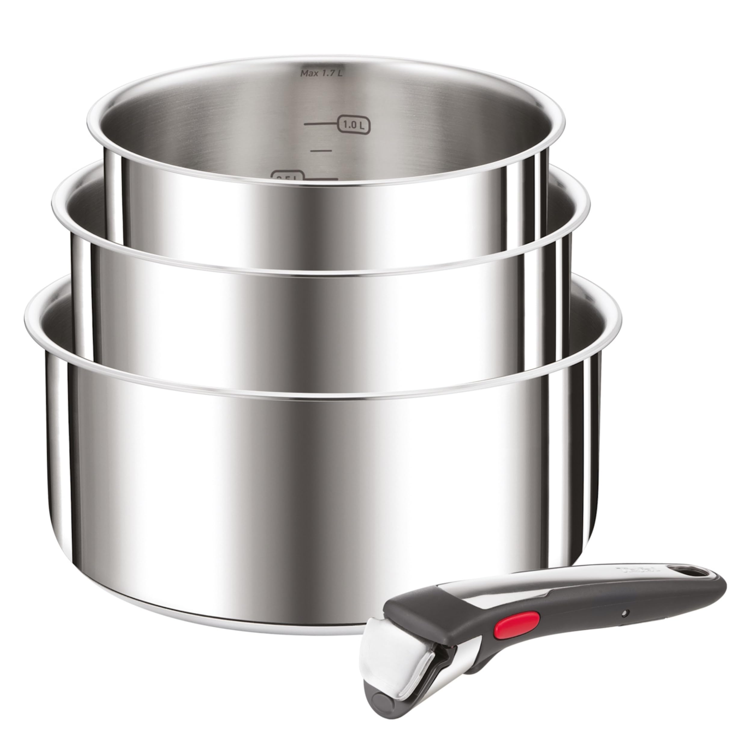 Tefal Ingenio Preference On 4-teiliges Kasserollenset, 16/18/20 cm, Topfset abnehmbarer Griff, Topfset Induktion stapelbar, platzsparend, einfache Handhabung und Reinigung, Edelstahl, L898S3
