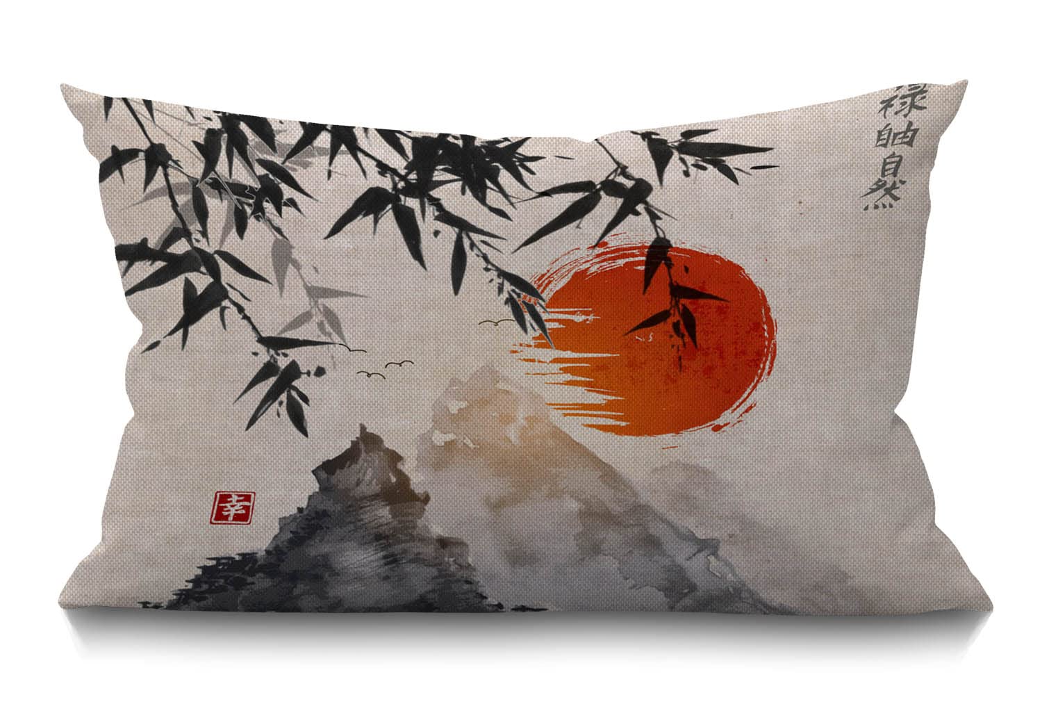 BGBDEIA Bamboo Cushion Cover Japanese Bamboo Trees Sun and Mountains Cotton Linen Decorative Rectangular Throw Pillow Cover Pillowcase for Sofa and Bed Couch 12"X20" 30 x 50 cm