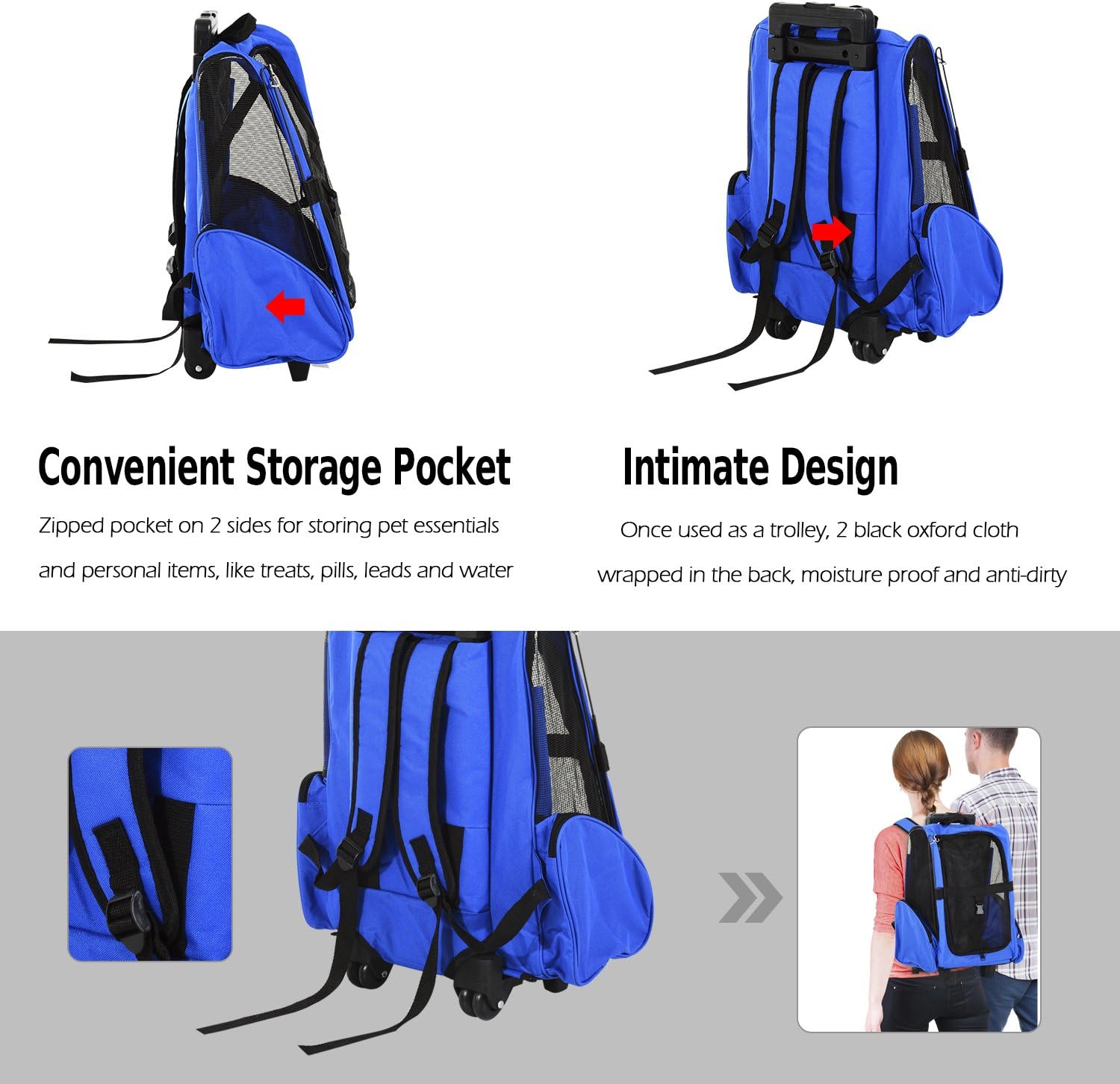 PawHut Pet Travel Backpack Bag Cat Puppy Dog Carrier w/ Trolley and Telescopic Handle Portable Stroller Wheel Luggage Bag (Blue) - Image 5