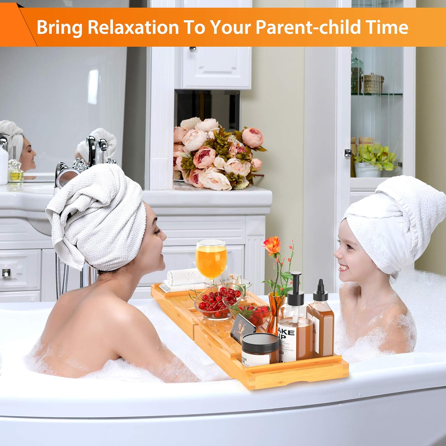 Bamboo Expandable Bathtub Caddy Tray for Bath Tub Wooden Adjustable for Luxury and Relaxing with Wine Glass Holder, Reading Slot by FURNINXS: Kitchen & Dining