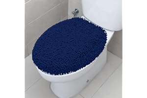 TREETONE Shaggy Chenille Bathroom Toilet Lid Cover, Ultra Soft Plush Seat Covers, Fluffy Absorbent, 19x21 Inches, Standard Toilet Lids for Bathroom Machine Wash & Dry, Navy Blue