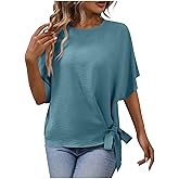 Women's Fashion Batwing Sleeve Shirts Round Neck Tie Knot Side Blouse Oversized Textured Tops Solid Color Tee Tunics