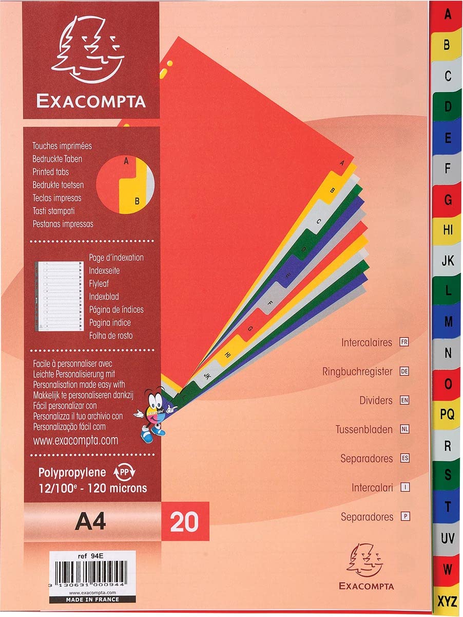 Exacompta - Ref 94E - PP Printed Indices - For Use With A4 Documents, 0.1mm Polypropylene, Pre-Punched, Soft & Tear Resistant - 20 Divider Parts (A-Z) - White With Coloured Tabs