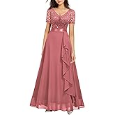 Miusol Women's Classy V-Neck Ruffle Floral Lace Hem Trim Sequined Maxi Bridesmaid Dress