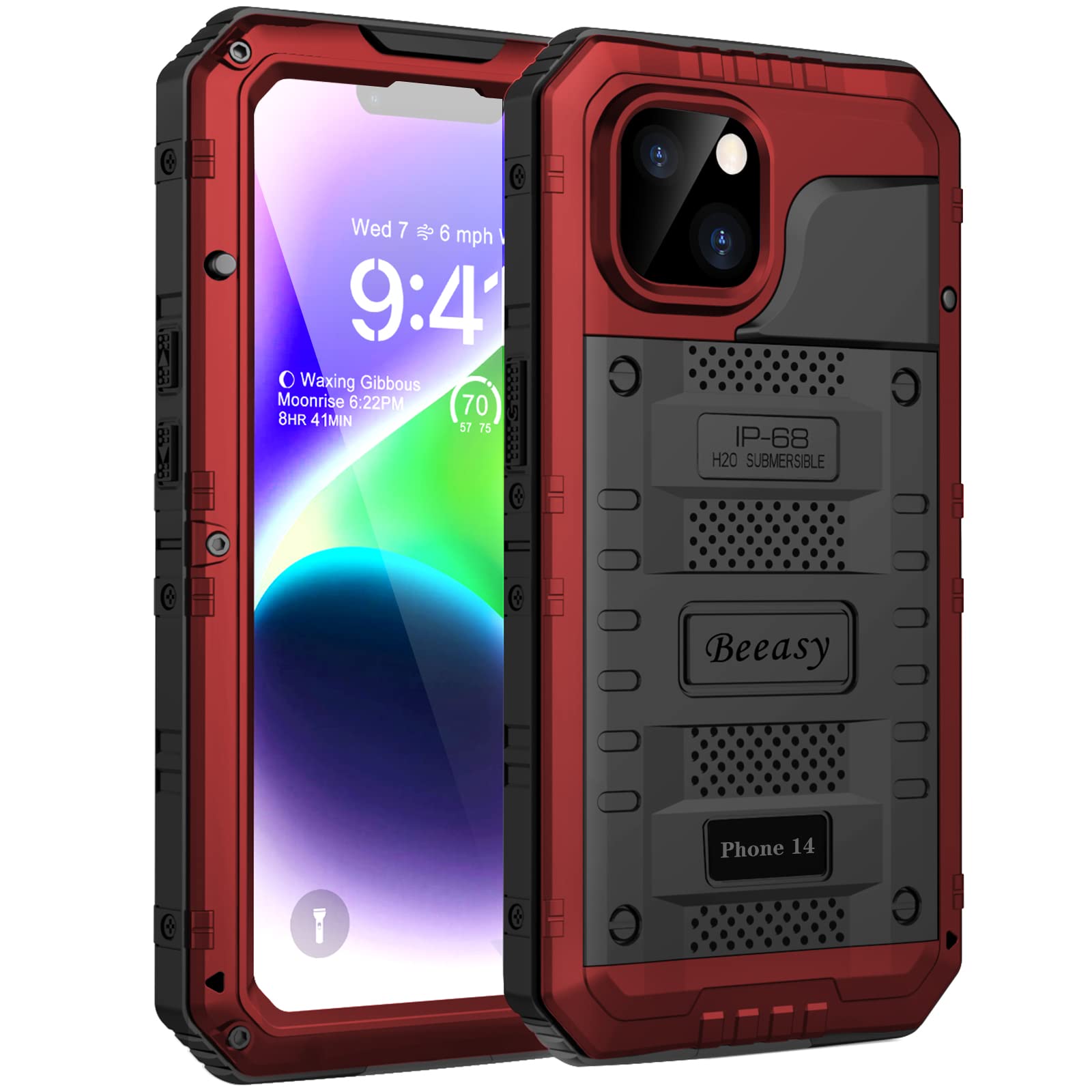 Beeasy for iPhone 14 Case Waterproof Heavy Duty Shockproof Tough Metal Armour Cover Dustproof Built-in Screen Protector, Robust 360 Full Body Military Protective Rugged Case for iPhone 14 Red