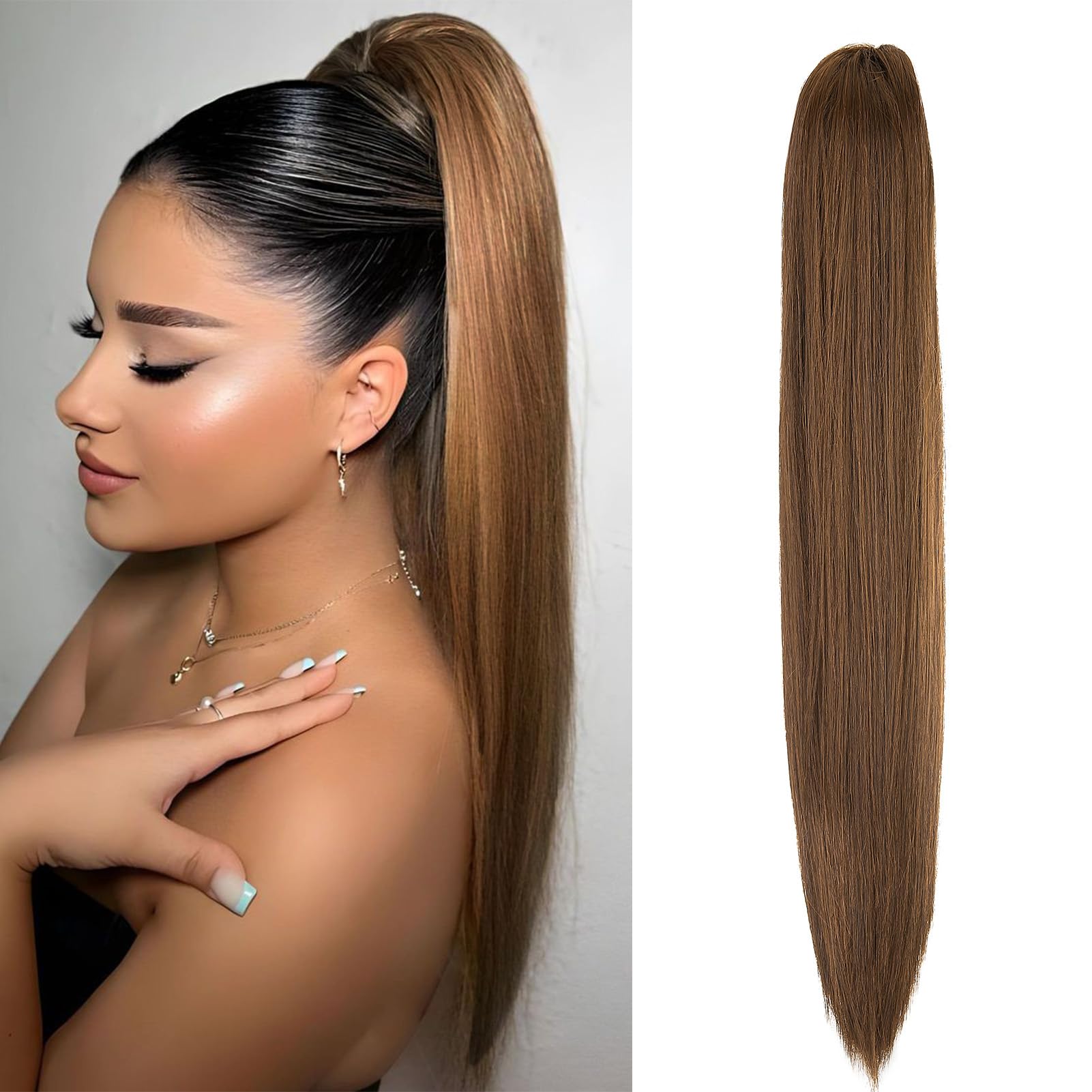 Cybelleza 20inch Ponytail Hair Extensions Straight Ponytail Claw Jaw on Long Straight Pony Tails Clip in Hair Extensions Synthetic Hair pieces for Women, Dark Brown & Light Auburn — image 1