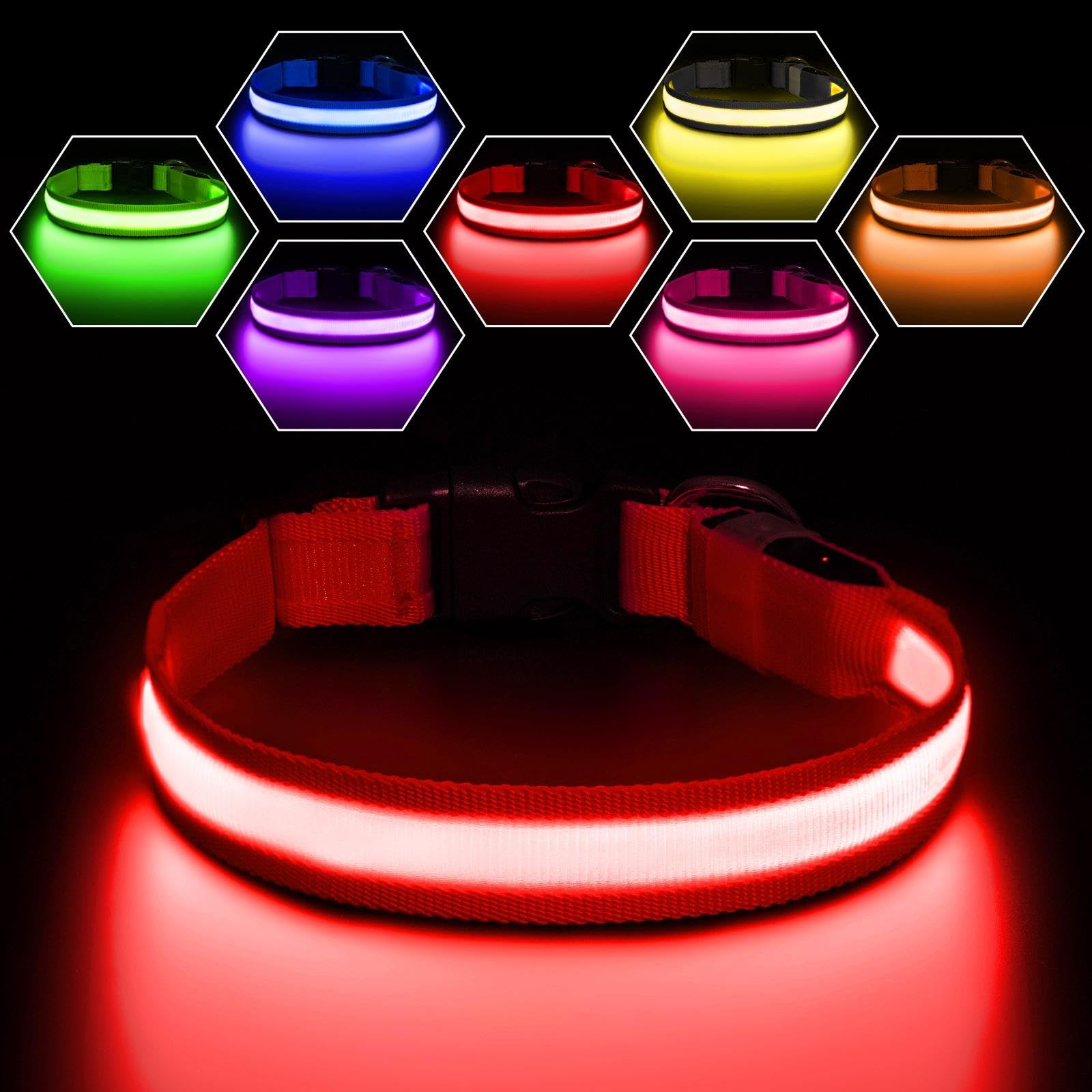 PcEoTllar Light Up Dog Collar - Rechargeable Flashing LED for Night, Adjustable for Small Medium Large Dogs, Waterproof 7 Colors, Red(9 Modes)