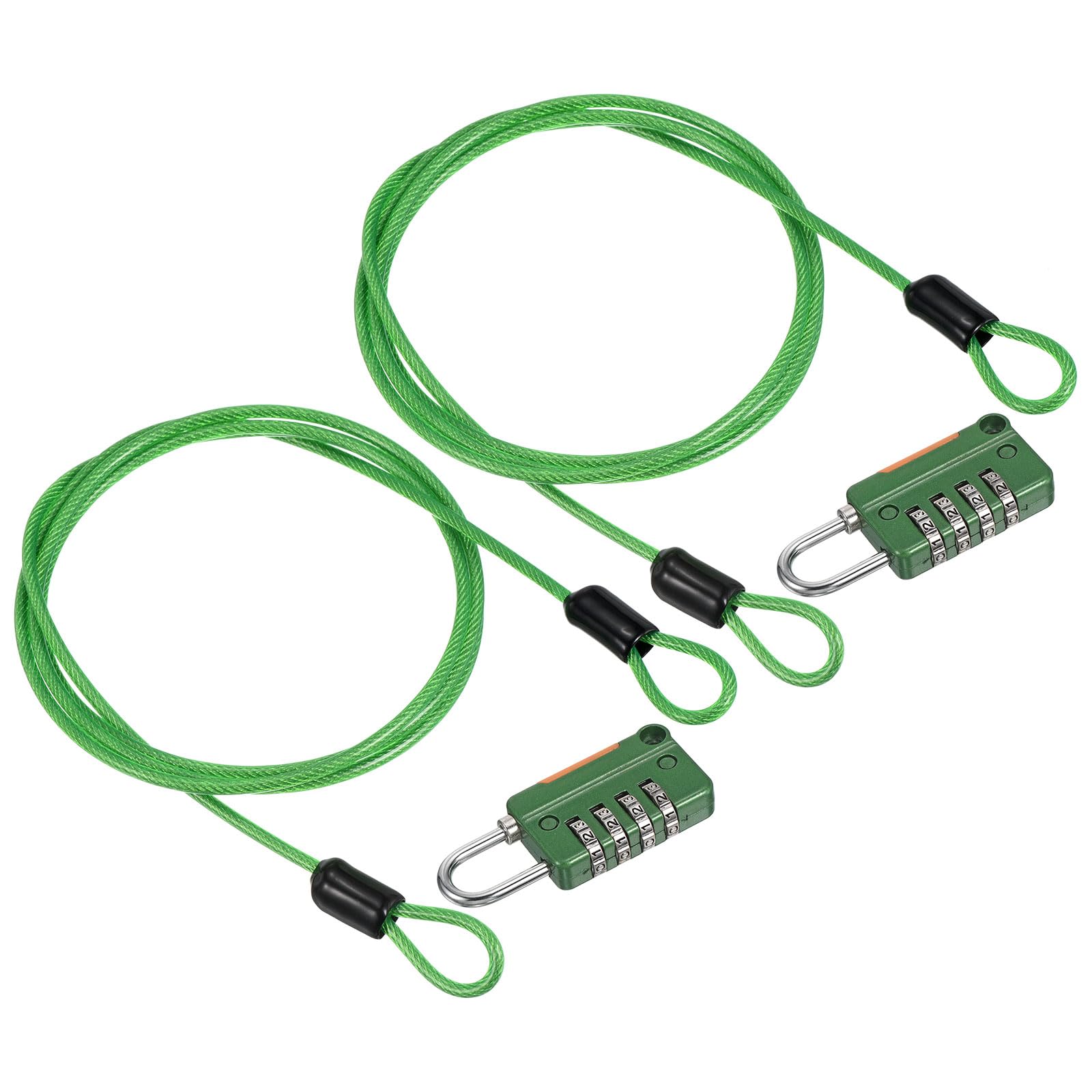 PATIKIL Security Steel Cable with 4 Digit Combination Lock, 2 Set 3.3Ft Coated Safety Wire Rope Double Loop Padlock for Outdoor Travel Luggage, Green