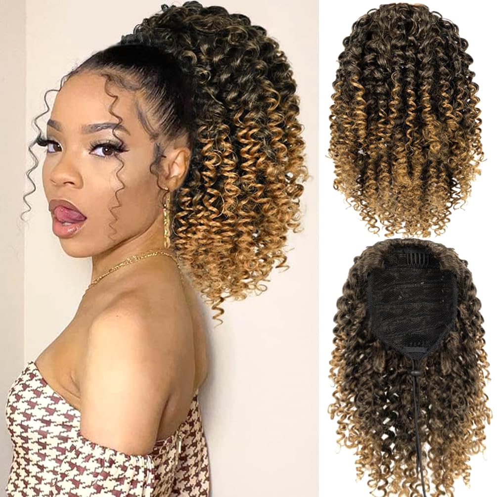 Afro Kinky Curly Ponytail for Women Drawstring Ponytail Synthetic Hair Extension Afro Drawstring Curly Pony tail with Clip in Hairpiece (T1B/27#, 12 inches) โ image 1