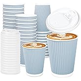 Whaline 100Pcs Light Blue Disposable Coffee Cups with Lids 12oz Solid Blue Paper Cups Corrugated Ripple Wall Insulated Hot Cups for Home Office Party Supplies