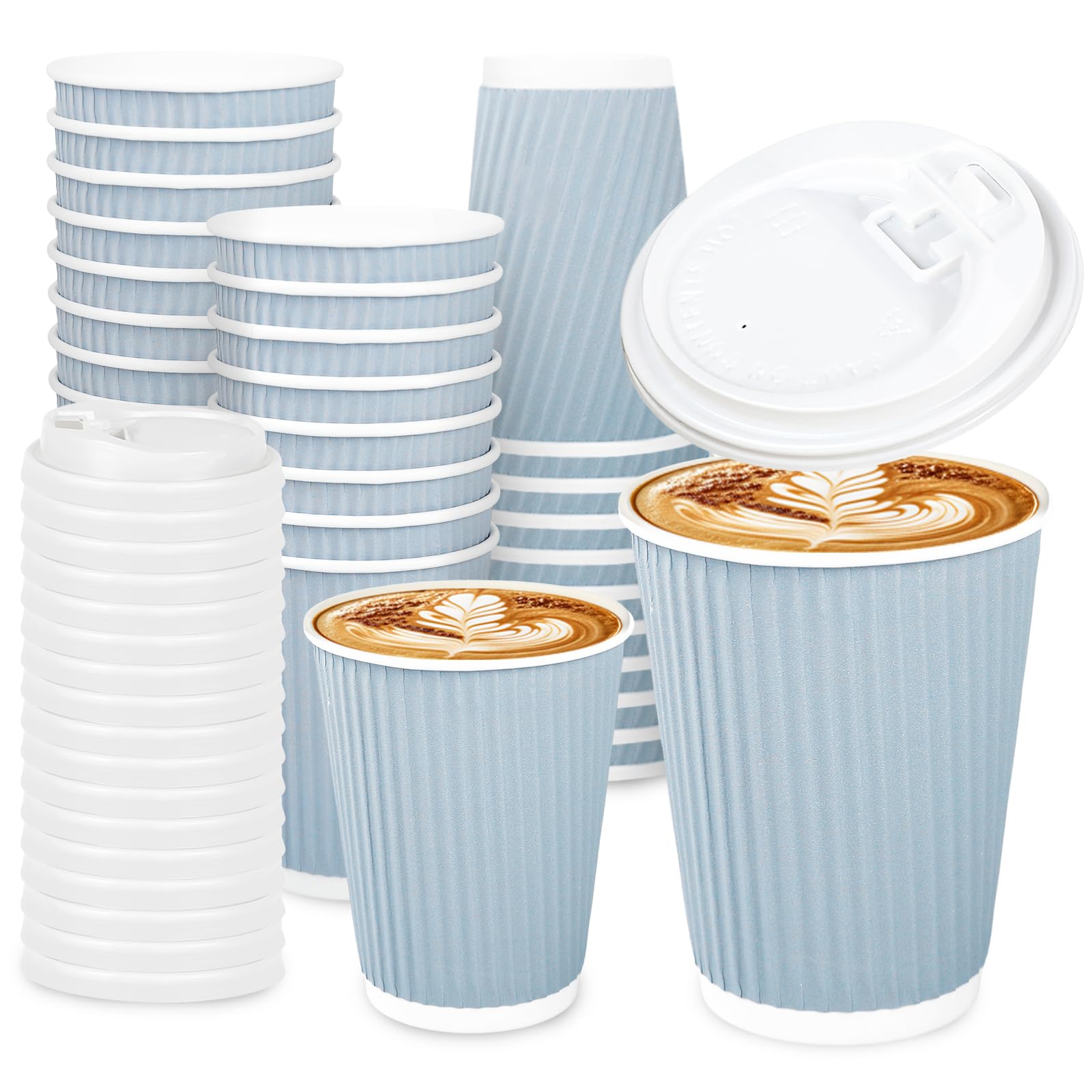 Photo 1 of Whaline 100Pcs Light Blue Disposable Coffee Cups with Lids 12oz Solid Blue Paper Cups Corrugated Ripple Wall Insulated Hot Cups for Home Office Party Supplies