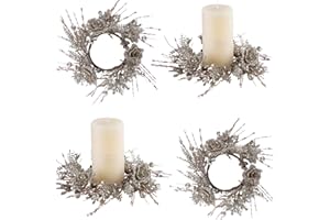 RSACCSKY 2 Pcs Glitter Christmas Wreaths Winter Poinsettia & Berry Pinecone Candle Rings Artificial Candle Holder 10" for Xmas Home Kitchen Table Centerpiece (Silver)