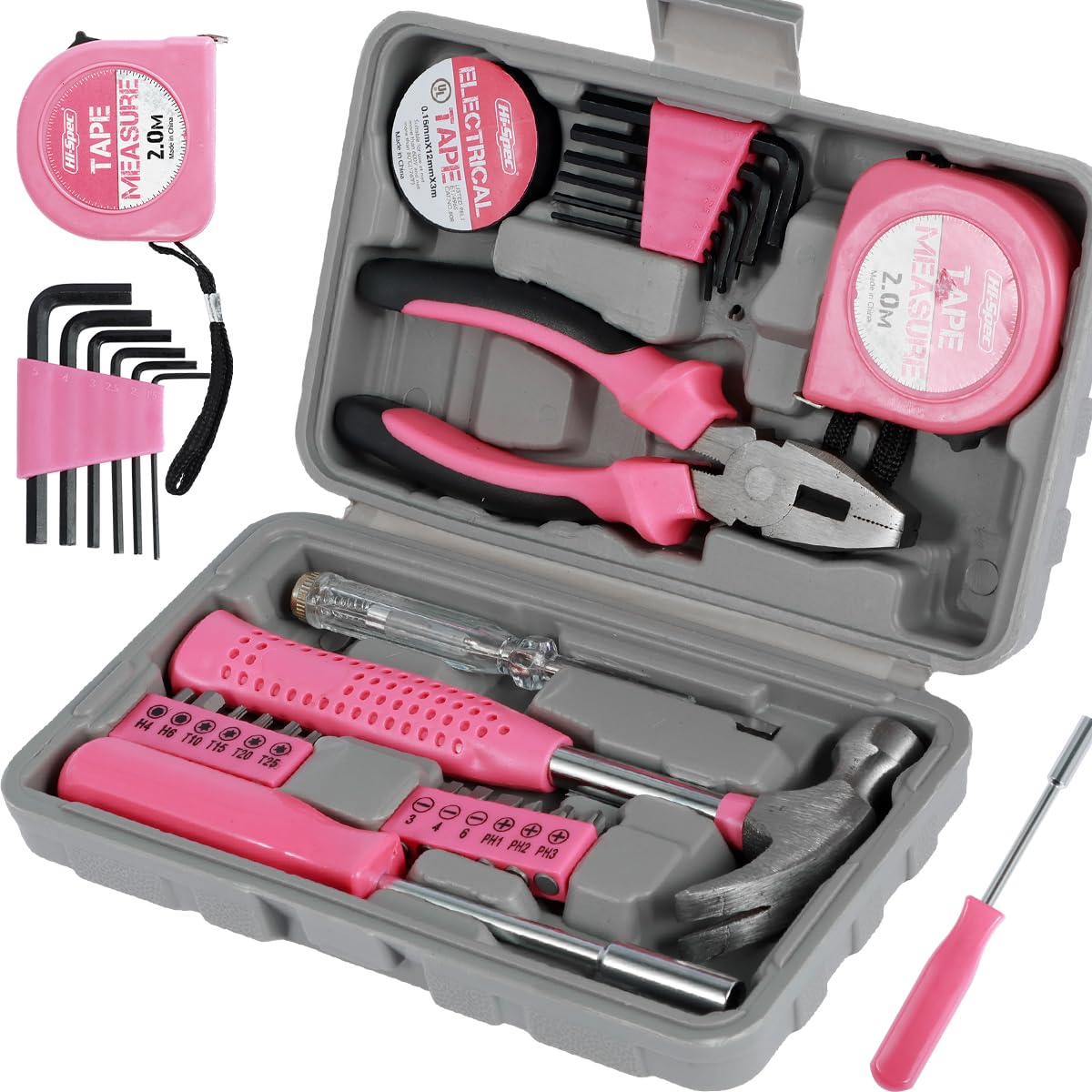 Small Home Tool Kit Set—24Pcs Ladies Tool Kit DIY Hand Tool Home Repair Tool Box Include Hammer Allen Key Set Electrical Tape Screwdriver Test Pen Plier Bits(Pink)