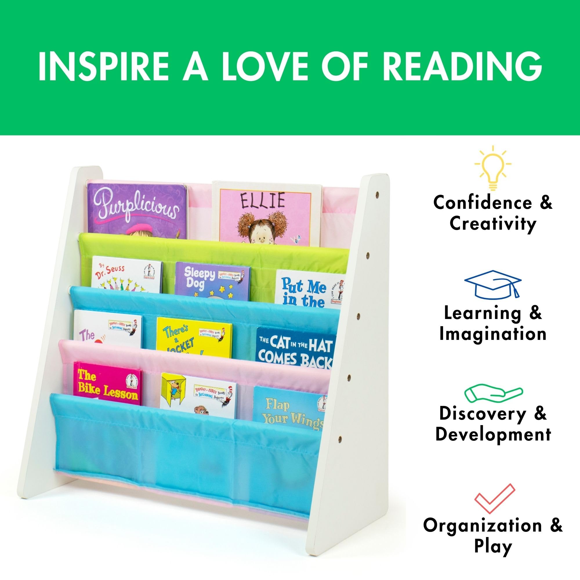 Humble Crew 4-Tier Kids Bookshelf, White Wood/Pastels - Premium Book Shelf for Kids Rooms with Four Deep Pockets - Toddler Sling Book Rack with Deep Sleeves, Nursery Bookcase Organizer